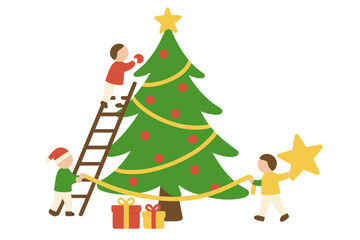 Cute tiny characters decorating a Christmas tree together. Flat vector illustration for Xmas greeting card. Little people preparing for winter holiday and New Year celebration.