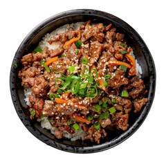 Fototapeta premium Savory beef and rice bowl with sesame seeds and green onions isolated on white background