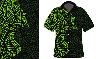 Green Tribal Shirt with Polynesian Tattoo Motif, Polynesian, Samoan, Island, ethnic traditional cultural dress design vector template, ethnic people shirt. Traditional sport fashion, unique jersey 