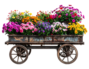 A rustic wooden cart overflowing with vibrant, colorful blooming flowers