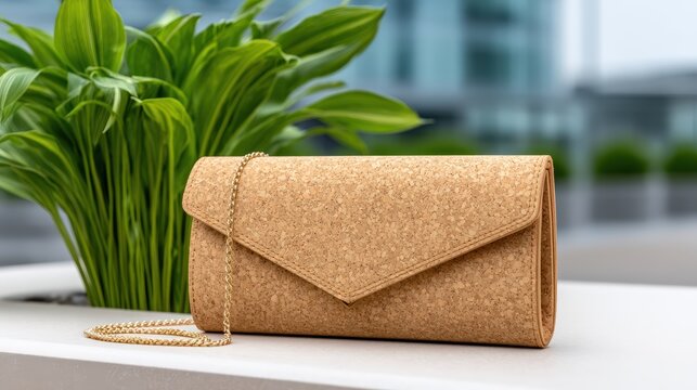 Sustainable wallet showcased in an urban eco cafe, cork material, soft natural daylight, earthy neutrals, clean commercial composition, eco-conscious branding, natural textures, editorial style