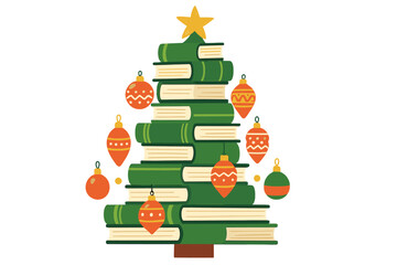 Christmas tree made from a stack of books with a star on top. Concept for book sales, festivals, or reading. Creative design of a decorated fir tree for bookstores. Flat vector.