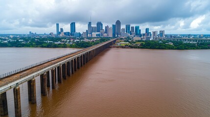 Wide aerial drone shot of Smart Flood Barrier stretching across river delta protecting urban infrastructure.