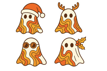 Set of retro 70s groovy Christmas ghosts. Cute hippie spook characters with Santa hat, antlers and holly. Psychedelic Xmas vector illustration for T-shirt design.