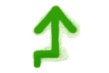 Urban graffiti green arrow sign with overspray effect on white background, rise up icon, textured hand-drawn vector illustration, street art style cartoon design