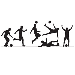 Silhouette set of soccer players in various actions such as dribbling, kicking, sliding, and celebrating with a ball, isolated on white background