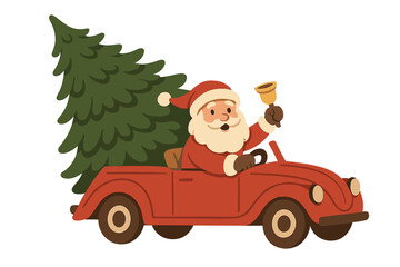 Vintage red cabriolet car with Santa Claus holding bell and large Christmas tree, flat style vector illustration, Merry Christmas festive holiday design, seasonal celebration