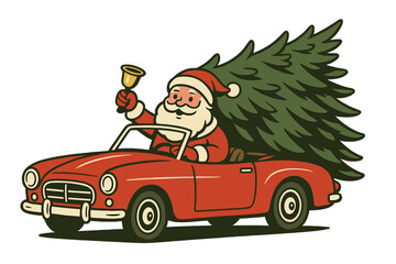 Vintage red cabriolet car with Santa Claus holding bell and carrying large Christmas tree, isolated flat style vector illustration, Merry Christmas holiday celebration design