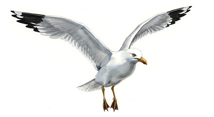 Seagull in flight with spread wings against a clean white background