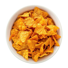 Golden nacho chips overflowing in a white ceramic bowl, overhead view isolated on white background