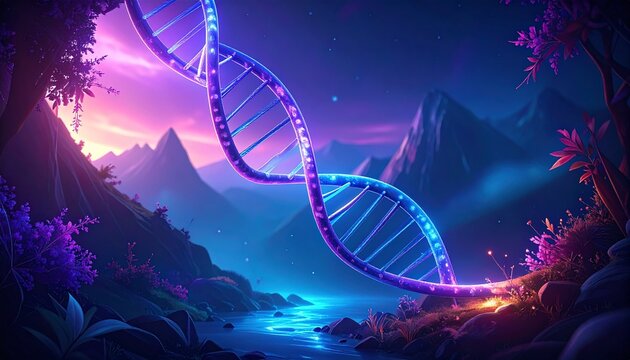 Luminous DNA helix in a magical twilight landscape, symbolizing genetic discovery, science, and nature's mystery with vibrant colors