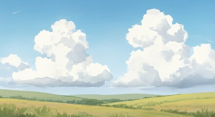 Animated landscape with fluffy white clouds over green rolling hills