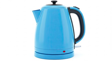 Bright Blue Electric Kettle with Black Handle on White Background.