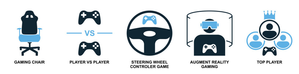 Set of gaming icon vector. Ideal for games, apps, and entertainment themes. A collection of simple, clear symbols representing various gaming functions.