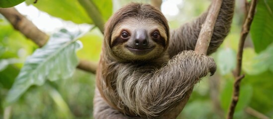 Sloth closeup portrait on tree branch in tropical forest habitat, looking curiously at camera with outstretched limbs.