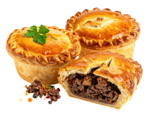Three savory meat pies, one cut open, with flaky crust and fillings