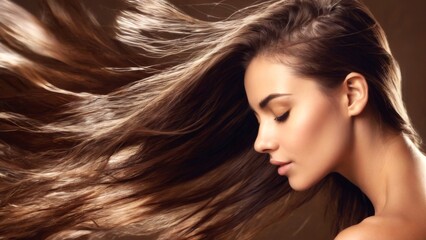 CloseUp Portrait of Young Woman with Flowing Brown Hair in Dramatic Wind, Eyes Closed, Serene Expression, Soft Background.