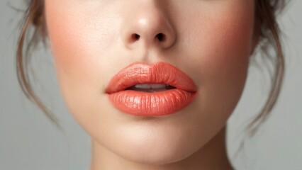 Closeup portrait of a woman with glossy coral lips, styled hair, and glamorous aesthetic on neutral grey background.