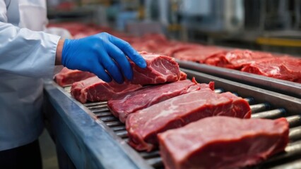 Person's Hand in Blue Glove Holding Raw Meat on Conveyor Belt in Meat Processing Plant. Large Beef/Pork Piece.