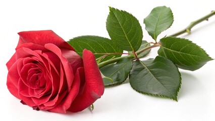 Single red rose flower with green leaf on a white background for love and valentine romance