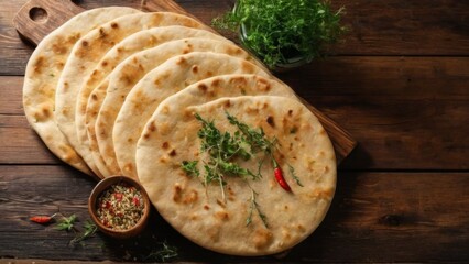 Golden brown flatbreads on wooden cutting board with fresh herbs and chili flakes, on rustic table. Warm, inviting ambiance.