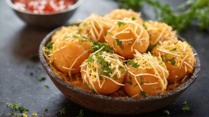 Rustic Wooden Bowl with GoldenBrown Food Balls, Cheese, and Herbs on Dark Textured Surface  Appetizing Food Styling