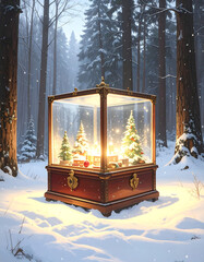 Enchanted Glass Display Case with Christmas Trees in Snowy Forest.