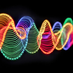 Vibrant Light Waves: A mesmerizing display of colored LED lights undulate in a dynamic wave pattern against a dark backdrop, creating a captivating visual symphony of energy and flow.