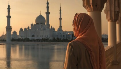 Serene Muslim Woman on Balcony Overlooking Beautiful Mosque at Sunrise/Sunset with Reflection on Water and People Walking