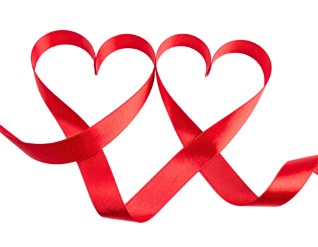 Two linked heart shapes made of red ribbon, floating against a black background