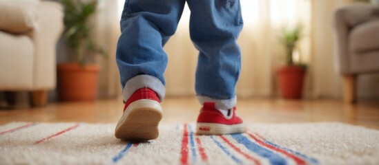 Child's feet in blue jeans and red sneakers walking on striped carpet in blurred living room setting.