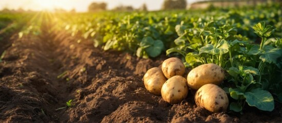 Freshly harvested yellow potatoes growing in a wellmaintained field, bathed in warm sunlight with a peaceful and serene atmosphere.