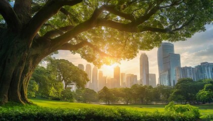 Serene City Park Landscape with Majestic Tree, Lush Greenery, and Urban Skyline under Sunlit Blue Sky