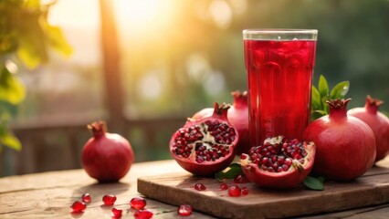 Pomegranate Juice Glass on Wooden Table in Fresh Outdoor Setting with Vibrant Mood and Scattered Pomegranates