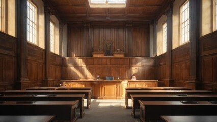 Luxurious Interior of Large Wooden Courtroom with High Ceilings, Windows, Wood Paneling, Gray Carpet, and Natural Light.