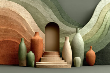 Abstract ceramic vessels : The artistic and aesthetically pleasing still life features a variety of abstract ceramic vessels. The different shapes and sizes.