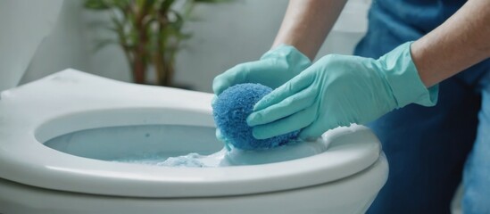 BlueGloved Hand Scrubbing White Toilet Bowl with Sponge in Bathroom Setting, Soap Bubbles and Plant in Background