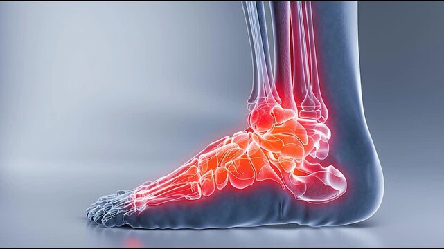3D illustration of human foot anatomy with highlighted joint inflammation and pain, medical concept of foot injury	
