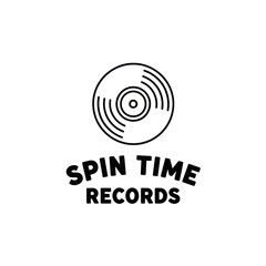 Black and white logo for Spin Time Records featuring a stylized vinyl record icon, representing a music company or store.