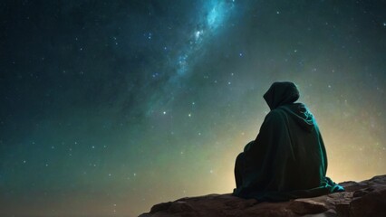 Person in hooded cloak sitting on rock gazes at starfilled night sky, evoking peace and serenity in bluegreenyellow hues.