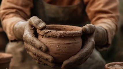 Closeup shot of hands holding a clay pot with mudlike substance, showcasing craftsmanship in outdoor setting.
