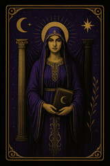 Naklejka premium Image depicts mystical woman in purple robe holding book with crescent moon, standing between two columns. background features celestial symbols, evoking sense of mystery and wisdom