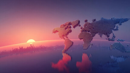 Global Horizon: A captivating world map sculpture bathed in the radiant hues of a vibrant sunrise, representing a world united under the promise of a new dawn.