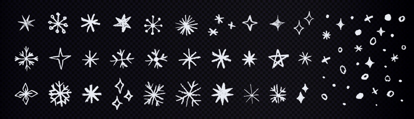 Set of white snowflakes and stars on transparent background. Festive doodle elements for winter and holiday designs. © Mariia