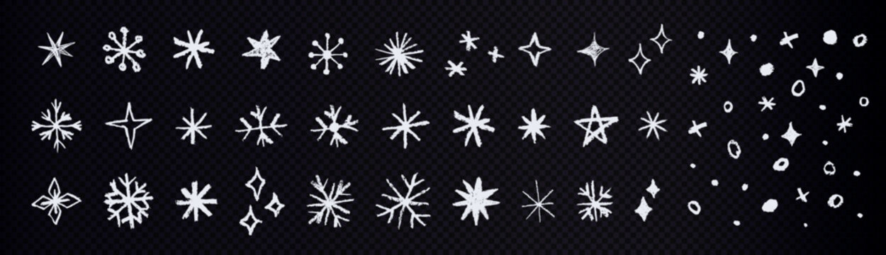 Set of white snowflakes and stars on transparent background. Festive doodle elements for winter and holiday designs.