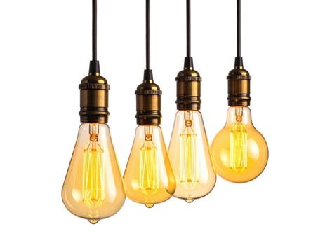 Four decorative light bulbs suspended with glowing filaments