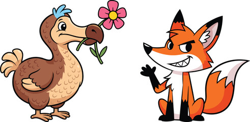 Cute cartoon dodo bird holding flower and funny fox character vector illustration, adorable animal artwork, children design, mascot drawing, kids clipart © MDALRAFIN