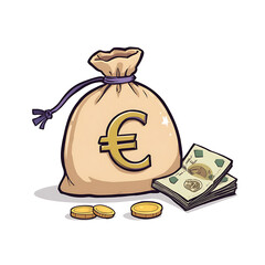 Euro money bag with cash and coins illustration.
