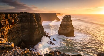 Dramatic Coastal Cliffs and Ocean Waves at Sunset, Great Ocean Road.