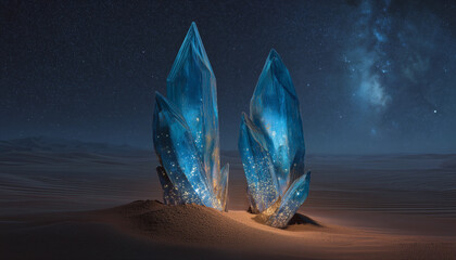 Obraz premium Glowing blue crystal formations rise from the earth under a starry night sky